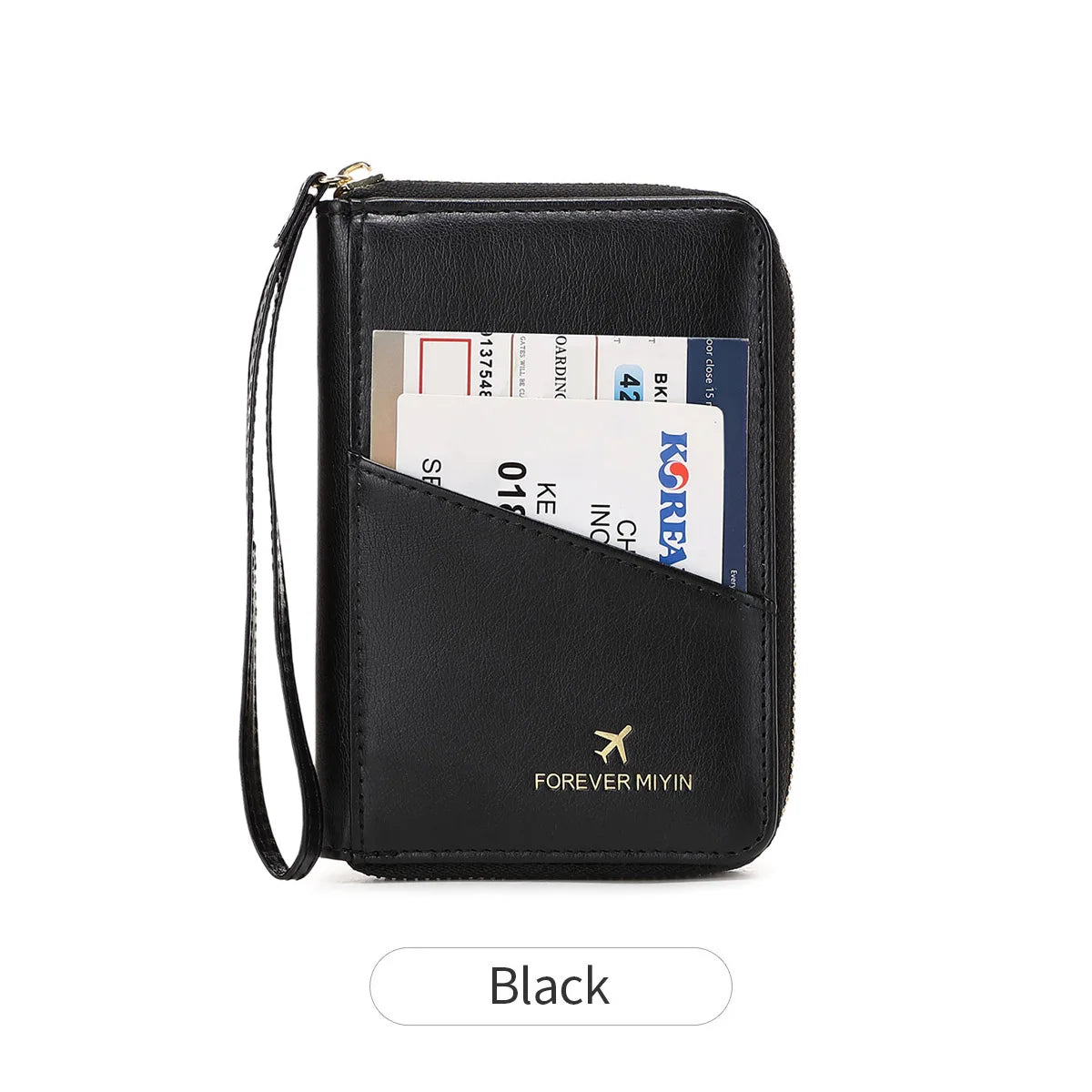 Black RFID-blocking passport wallet with zipper closure and lanyard