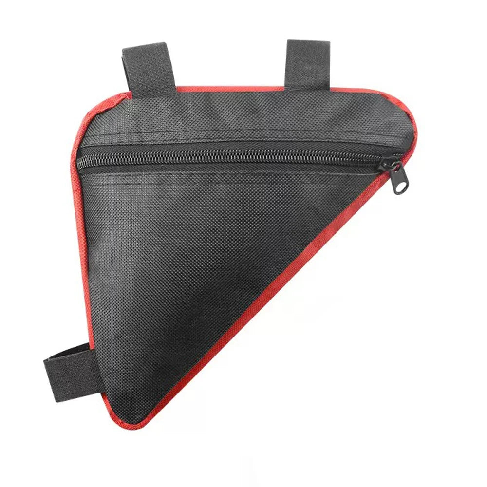 Bolsa de almacenamiento para bicicleta negra con ribete naranja y cremallera, vista desde arriba.