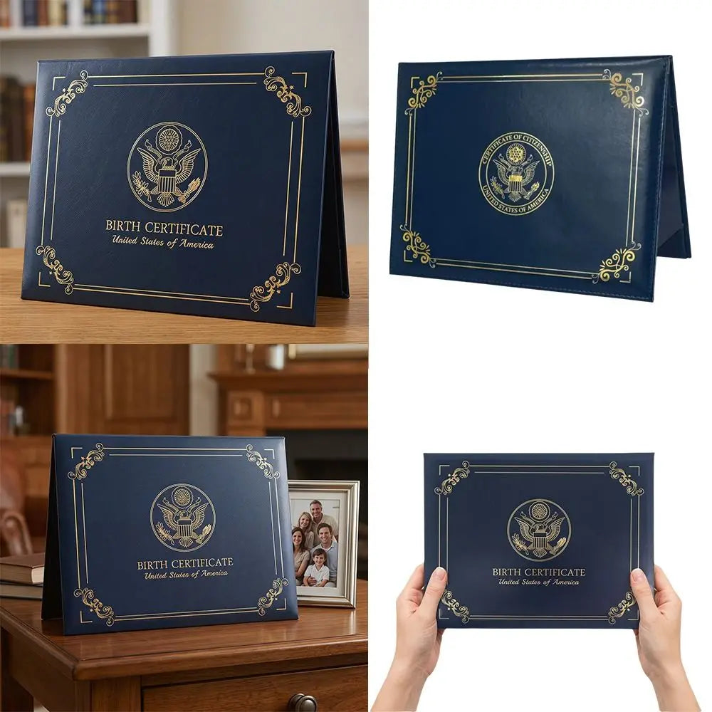 A dark blue elegant birth certificate holder with gold accents displayed on a wooden surface.
