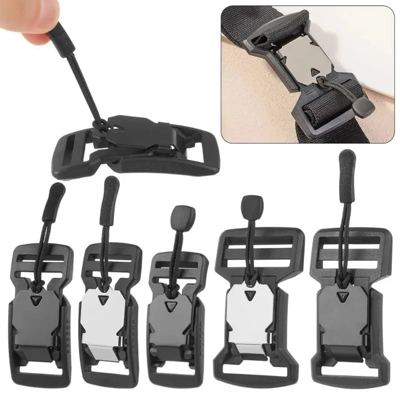 A set of black magnetic quick release buckles for belts and bags shown in various configurations.