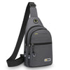 A gray men's casual multi-pocket shoulder bag with a black strap and zipper details.