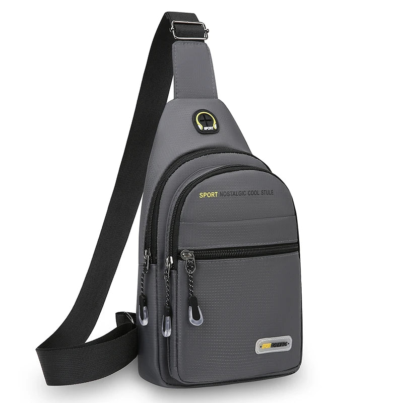 A gray men's casual multi-pocket shoulder bag with a black strap and zipper details.