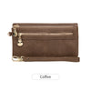 A brown leather wallet with a double zipper closure and multiple card slots.