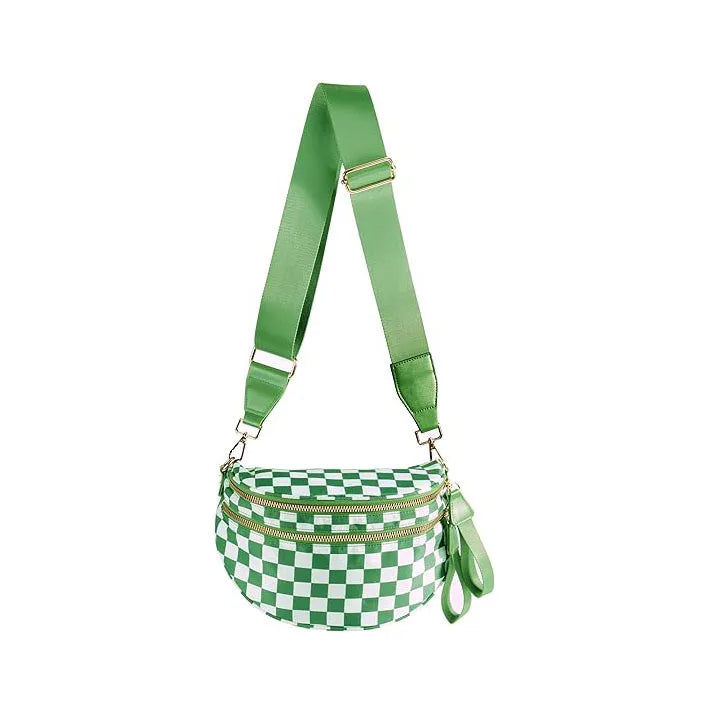 A green strap and checkered fabric multi-functional waist bag.