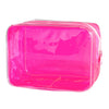A bright pink transparent PVC travel makeup bag with a zipper closure.