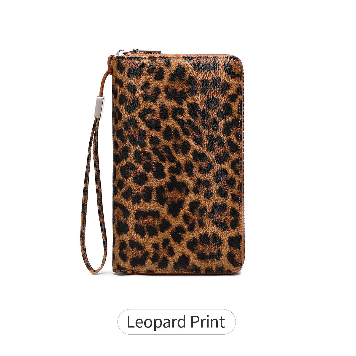 A brown leopard print women's PU leather zipper wallet.