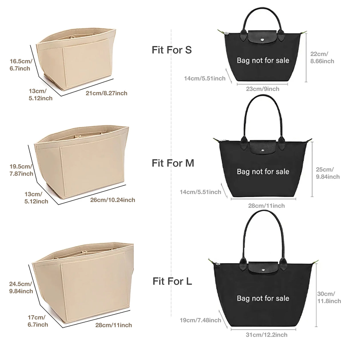 Three sizes of beige felt organizer inserts shown next to black bags for sale.