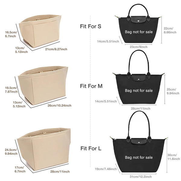 Three sizes of beige felt organizer inserts shown next to black bags for sale.