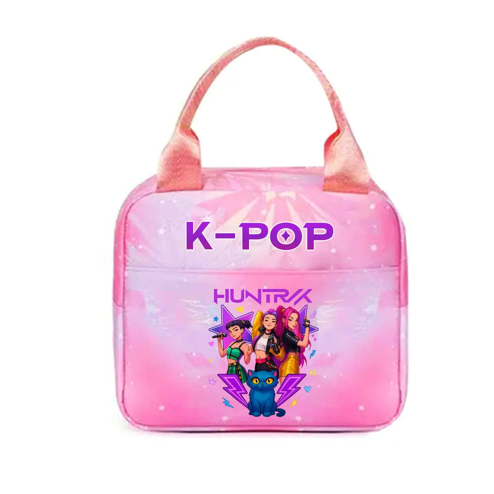 Pink K-Pop themed insulated backpack featuring a starburst design and characters.