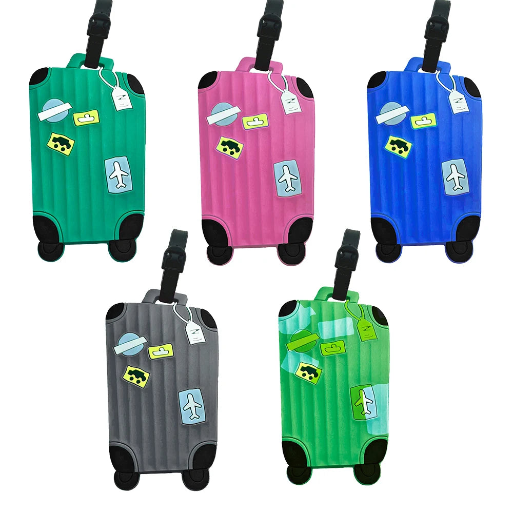 Six colorful luggage tags in various shades of green, pink, blue, and gray, featuring various icons.