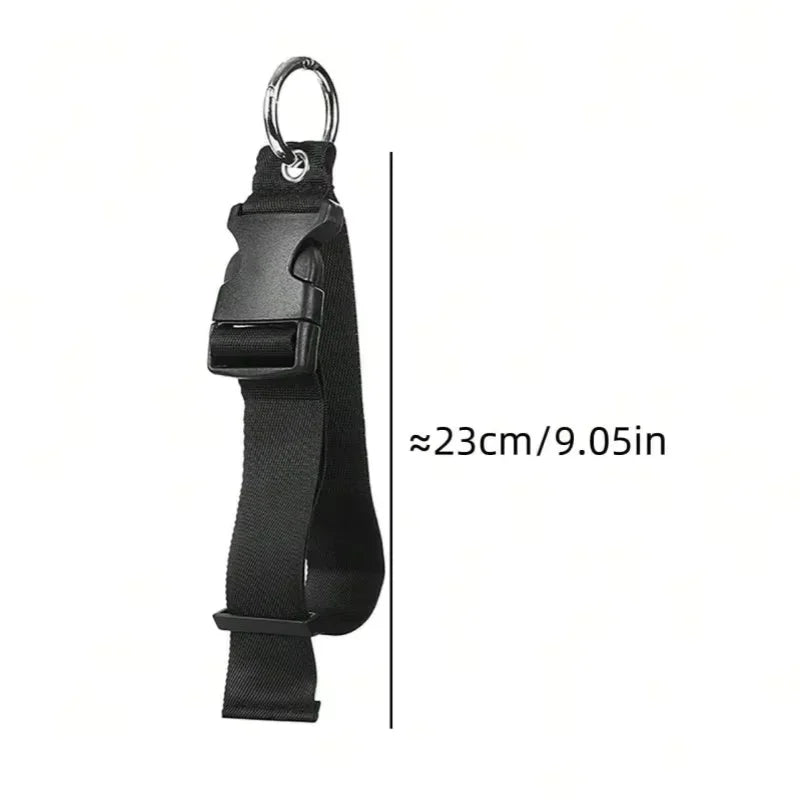 Sangle de bagage noire réglable avec anneau et boucle en métal.