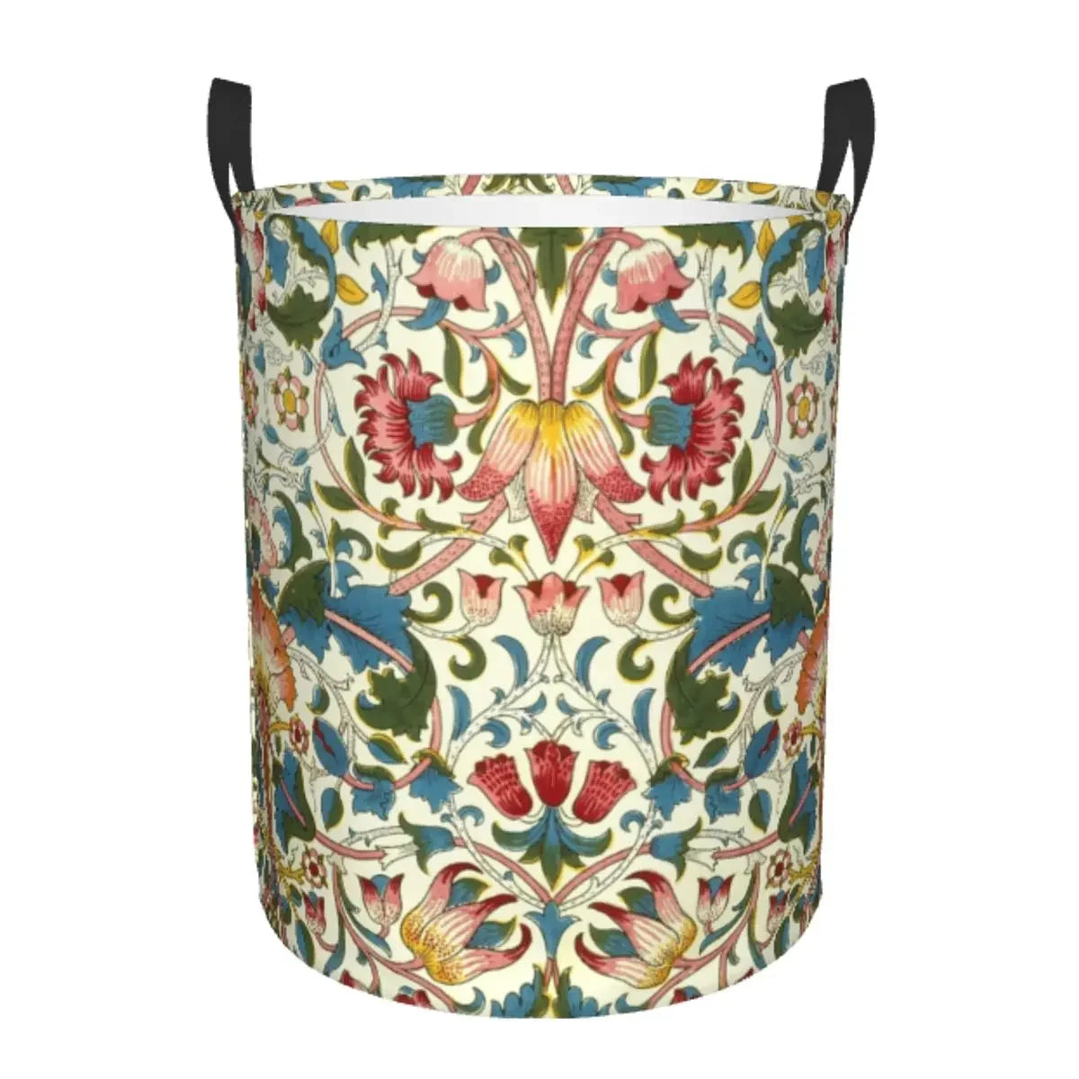 A vintage floral laundry hamper with a patterned fabric and black handles.