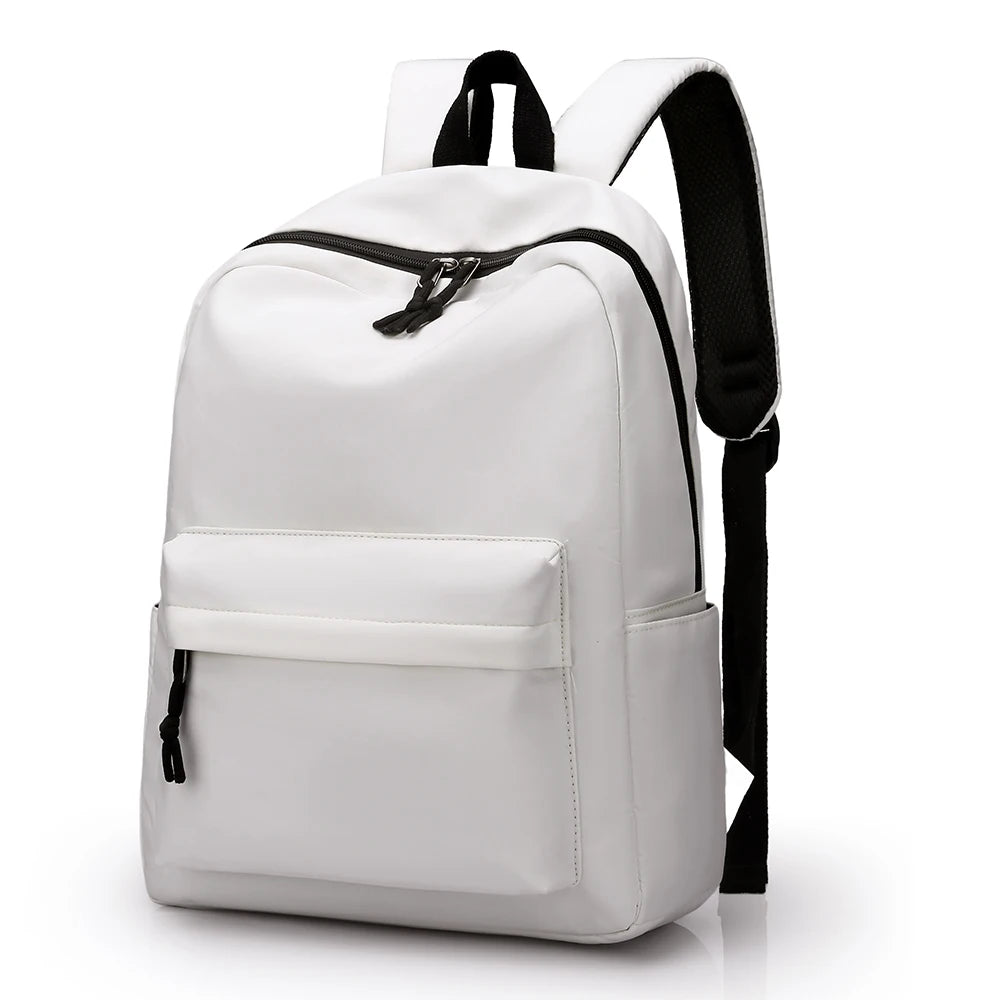 A white durable unisex leisure shoulder backpack with black trim and straps.