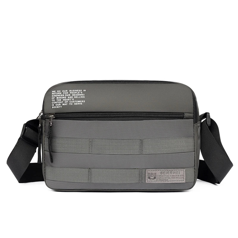 A gray durable nylon shoulder bag designed for business and travel.