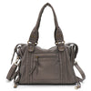Vintage taupe Kunstleder-Tasche mit mehreren Reißverschlusstaschen von vorne