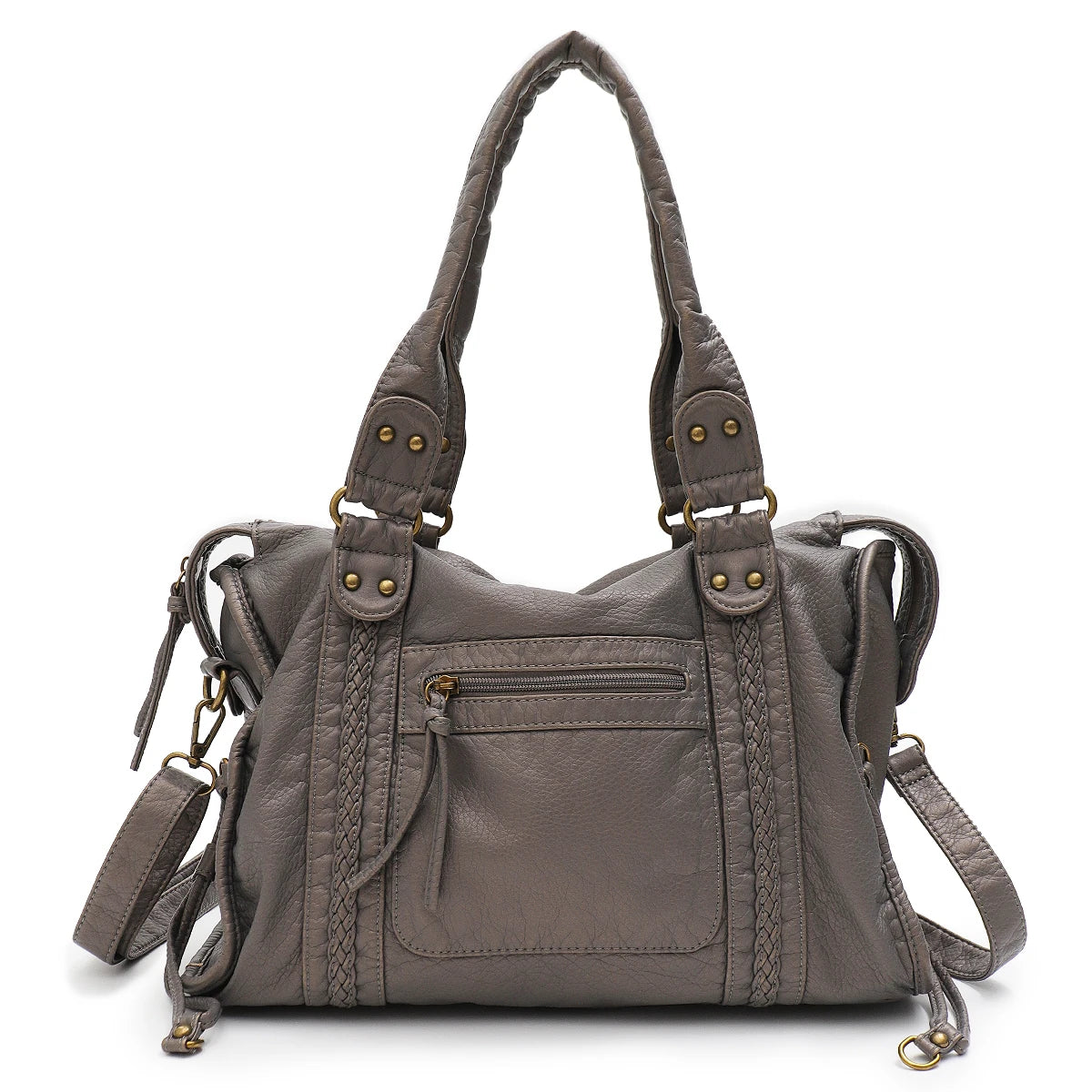 Vintage taupe Kunstleder-Tasche mit mehreren Reißverschlusstaschen von vorne