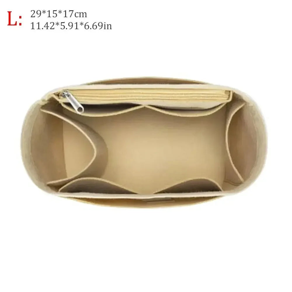 A tan felt insert liner for a handbag, showing the interior lining and a zippered flap.