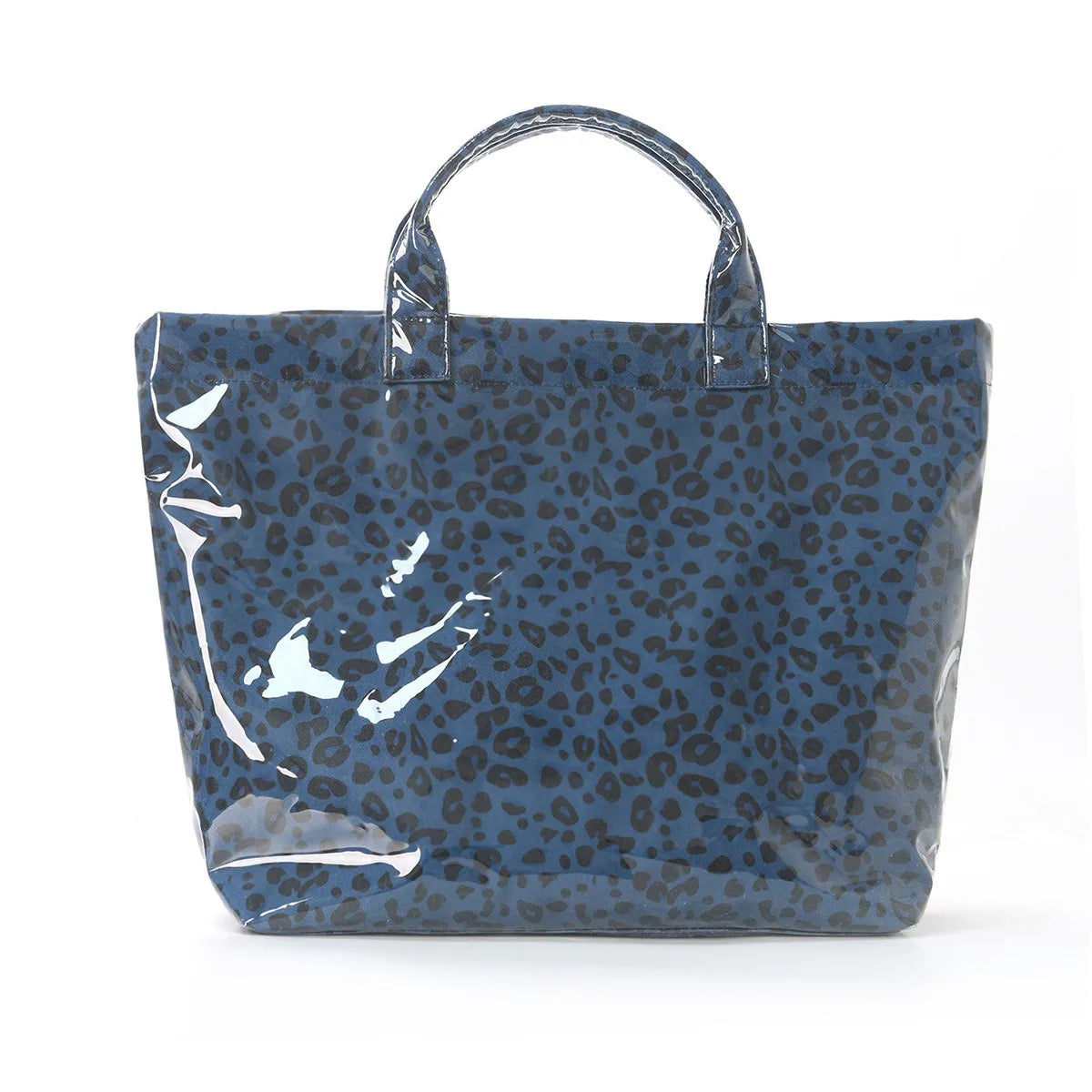 A dark blue leopard print tote bag with a handle, shown against a white background.