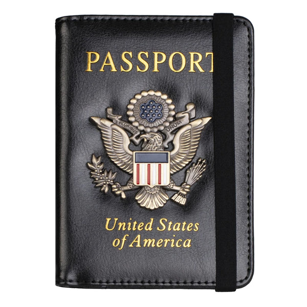 Black personalized PU leather passport holder featuring the United States of America eagle emblem