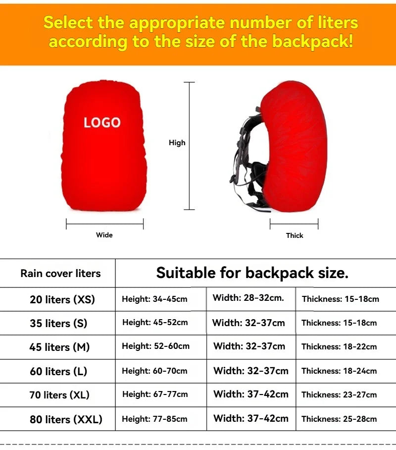 Red heavy-duty outdoor camping backpack rain cover with a logo displayed on the front