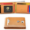 A brown leather card holder with a geometric design showing several cards inside.