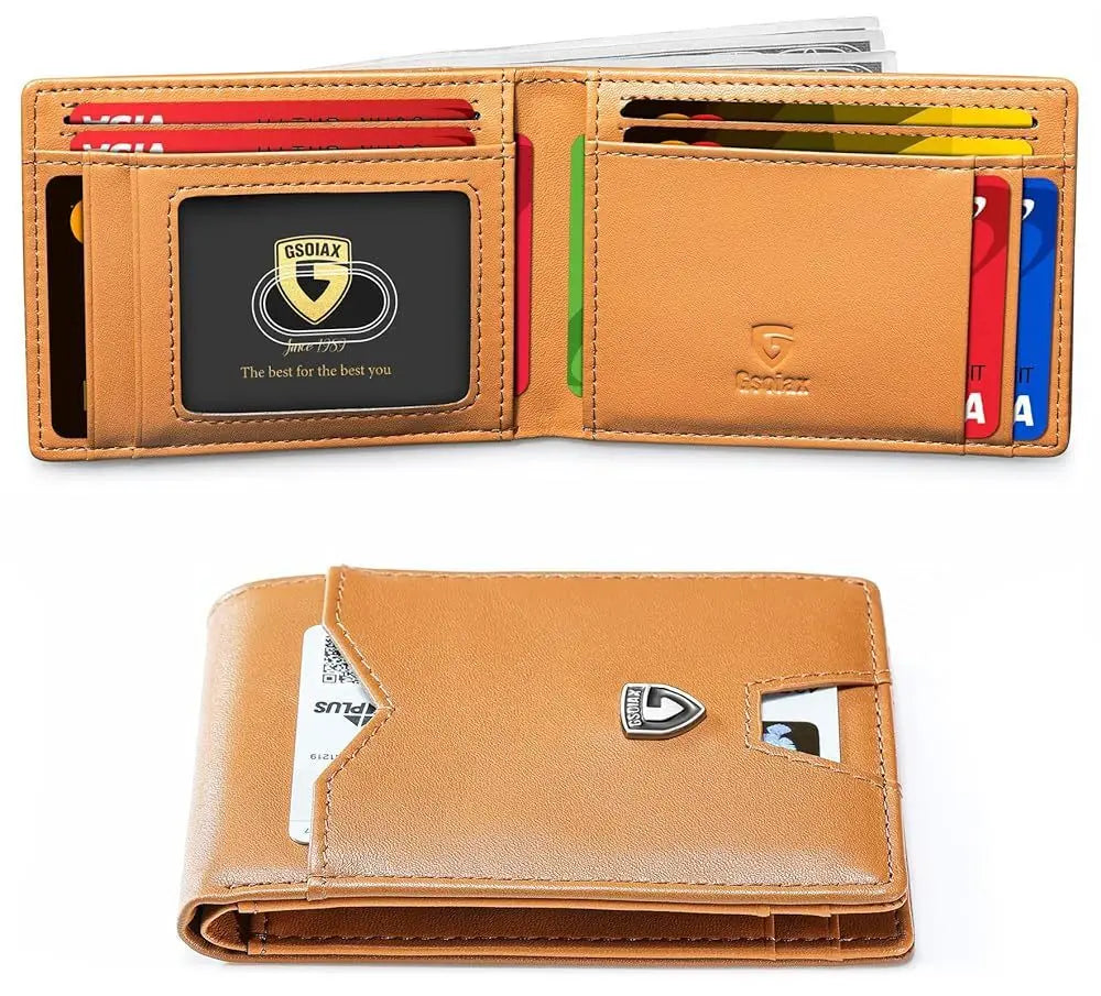 A brown leather card holder with a geometric design showing several cards inside.