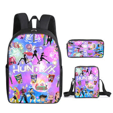 A purple and pink anime character kids backpack featuring various characters and vibrant designs.