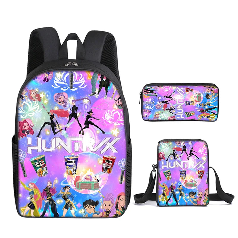 A purple and pink anime character kids backpack featuring various characters and vibrant designs.