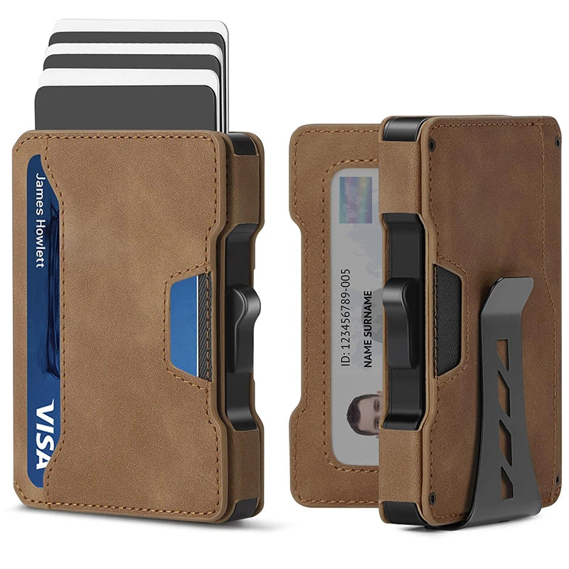 Portefeuille en cuir marron avec clip de billets et protection RFID, montrant plusieurs cartes.