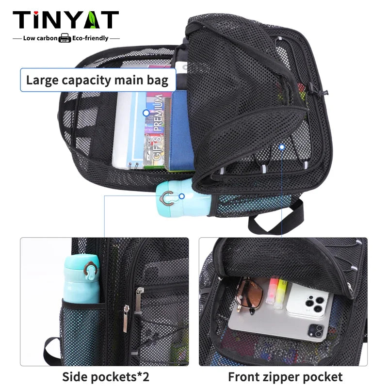 Black mesh backpack showing large capacity main bag, side pockets, and a front zipper pocket.