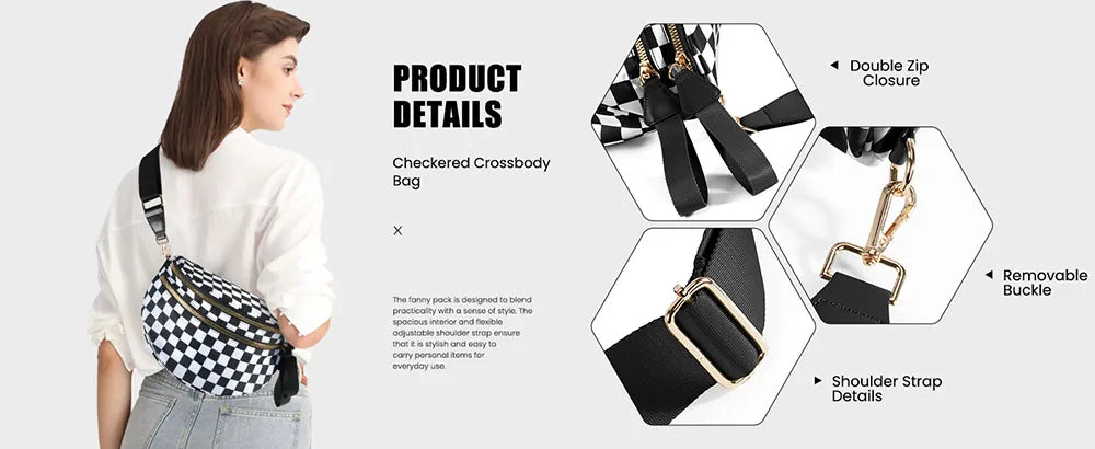 A woman is shown wearing a black and white checkered crossbody bag with a gold buckle and adjustable strap.