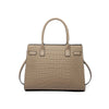 A beige genuine leather shoulder bag with a quilted texture and leather handles.