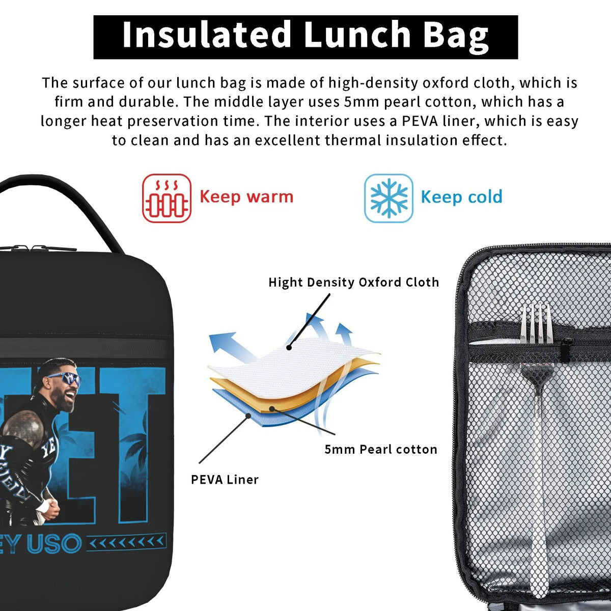 An insulated lunch bag showing its layers: high-density oxford cloth, 5mm pearl cotton, and a PEVA liner.