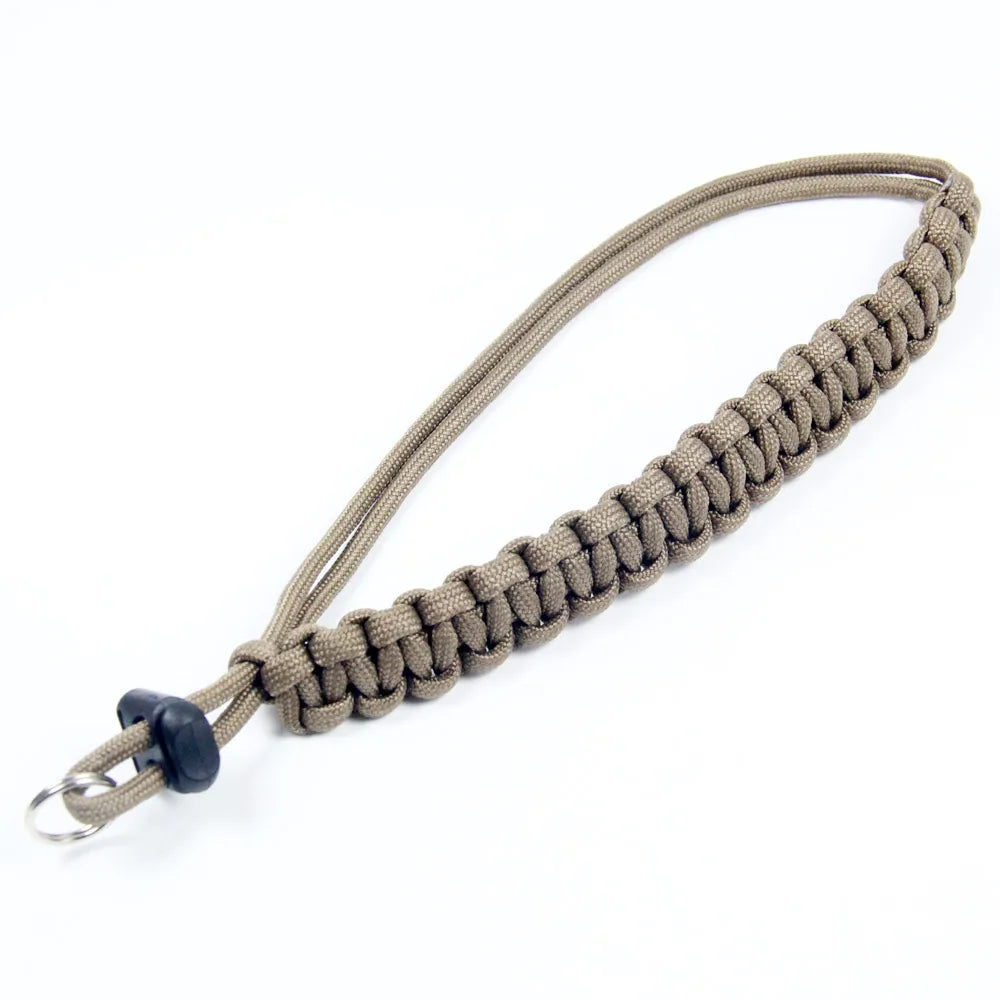 Handwoven paracord camera wrist strap in tan color