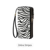 A black and white zebra stripes tri-fold wallet with a wrist strap.