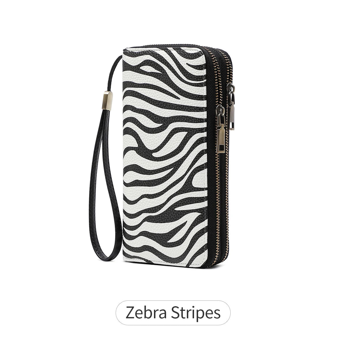 A black and white zebra stripes tri-fold wallet with a wrist strap.