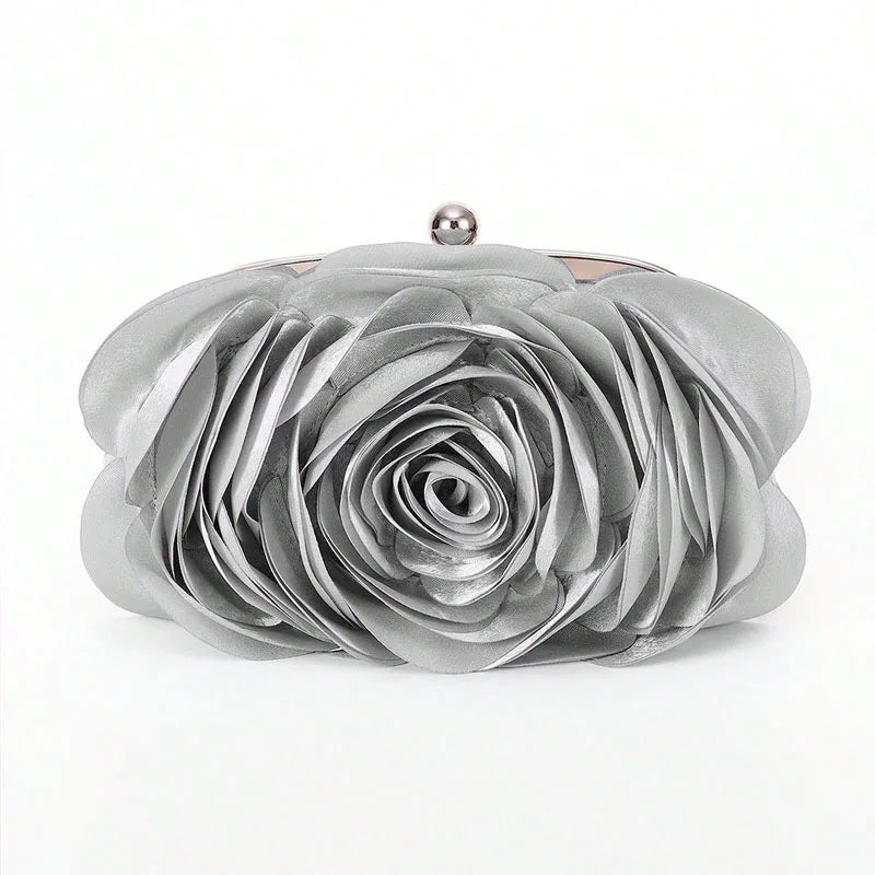 Silver rose floral evening clutch bag with a chain strap