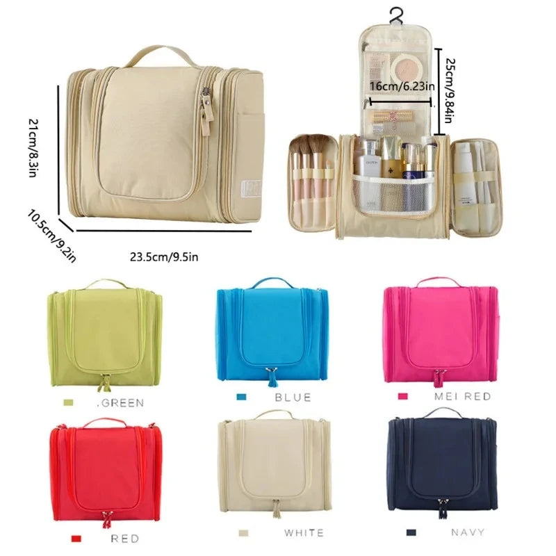 A collection of various colored travel pouches and bags including beige, green, blue, pink, red, white, and navy.