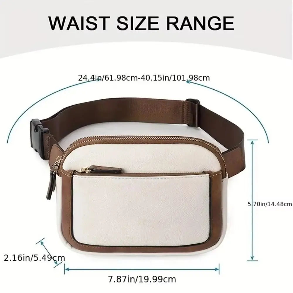 A beige and brown PU leather crossbody waist bag shown with size measurements.