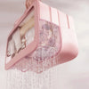A pink double-layer wash bag with a clear mesh section is shown, featuring a waterfall of water.