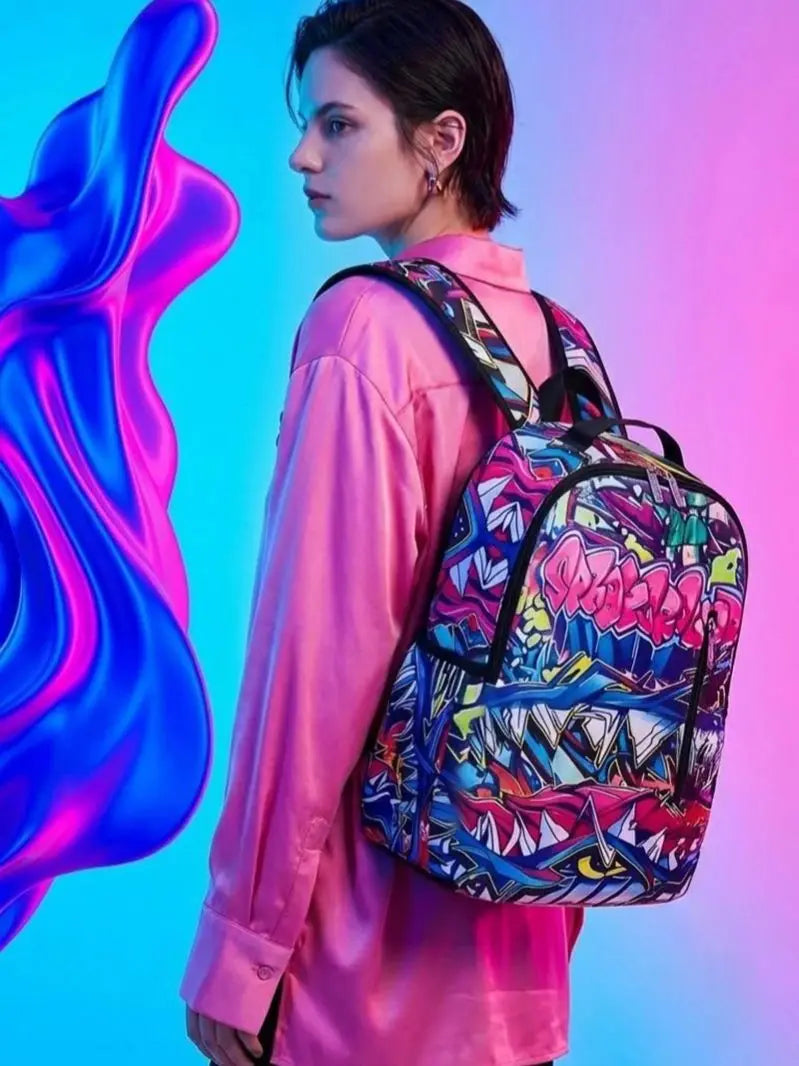 A woman wearing a pink shirt and a patterned backpack against a vibrant blue and pink background.
