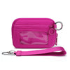 A bright pink multi-functional zipper wallet with a clear window and a matching strap.