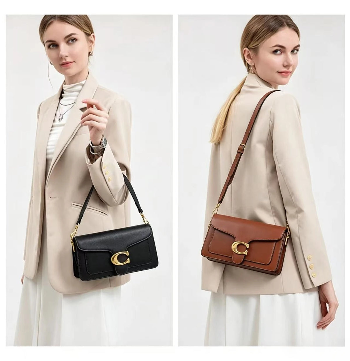 A woman models a beige blazer and white skirt while carrying a brown leather shoulder bag.