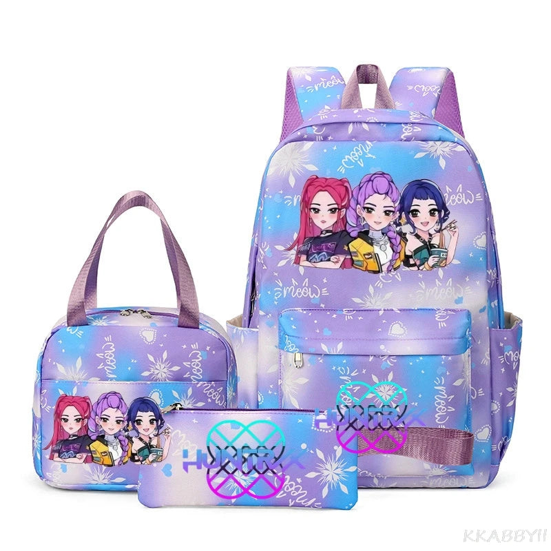 A purple backpack set featuring floral patterns and various compartments for school or travel.