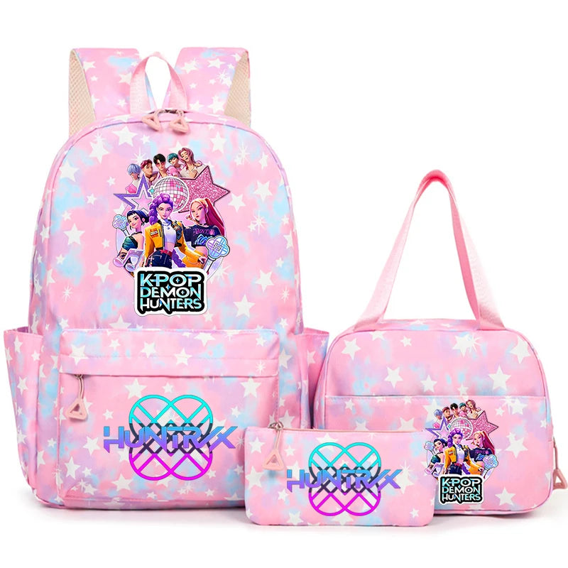 Pink backpack set featuring K-pop Demon Hunters theme with stars and colorful designs