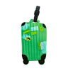 A green luggage tag attached to a black strap, featuring various small tags and a airplane icon.