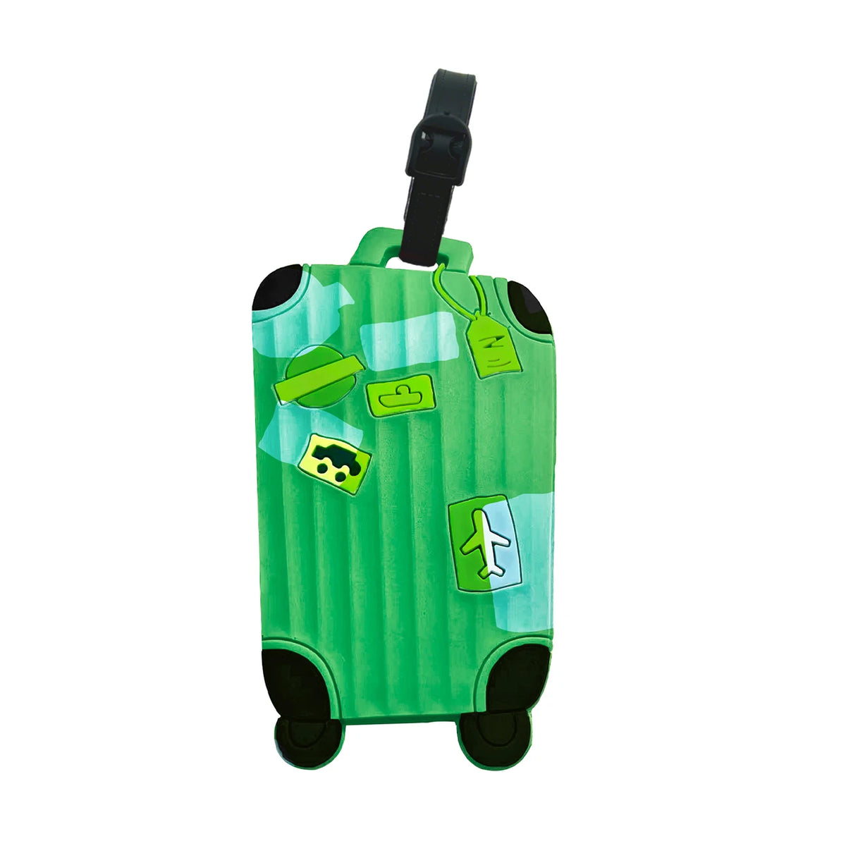 A green luggage tag attached to a black strap, featuring various small tags and a airplane icon.