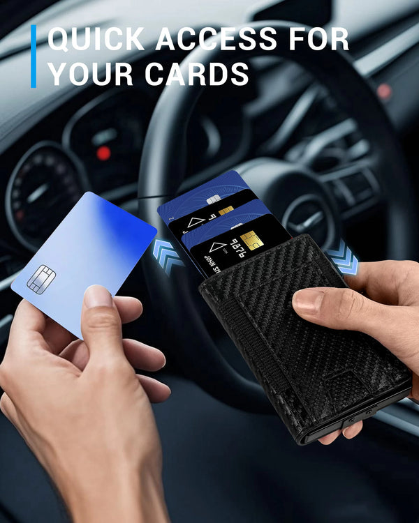 A hand holds a blue card near a black wallet inside a car interior, demonstrating quick access for cards.