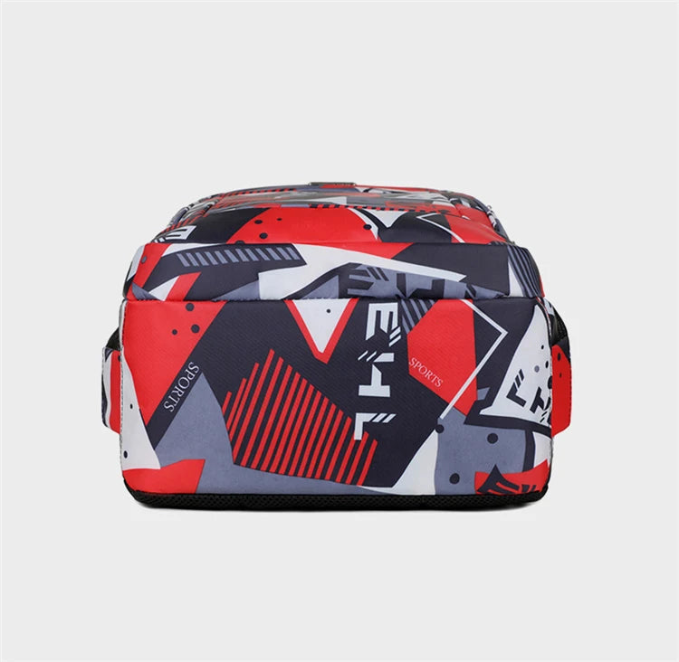 A red and black patterned unisex backpack designed for laptop and daily carry.
