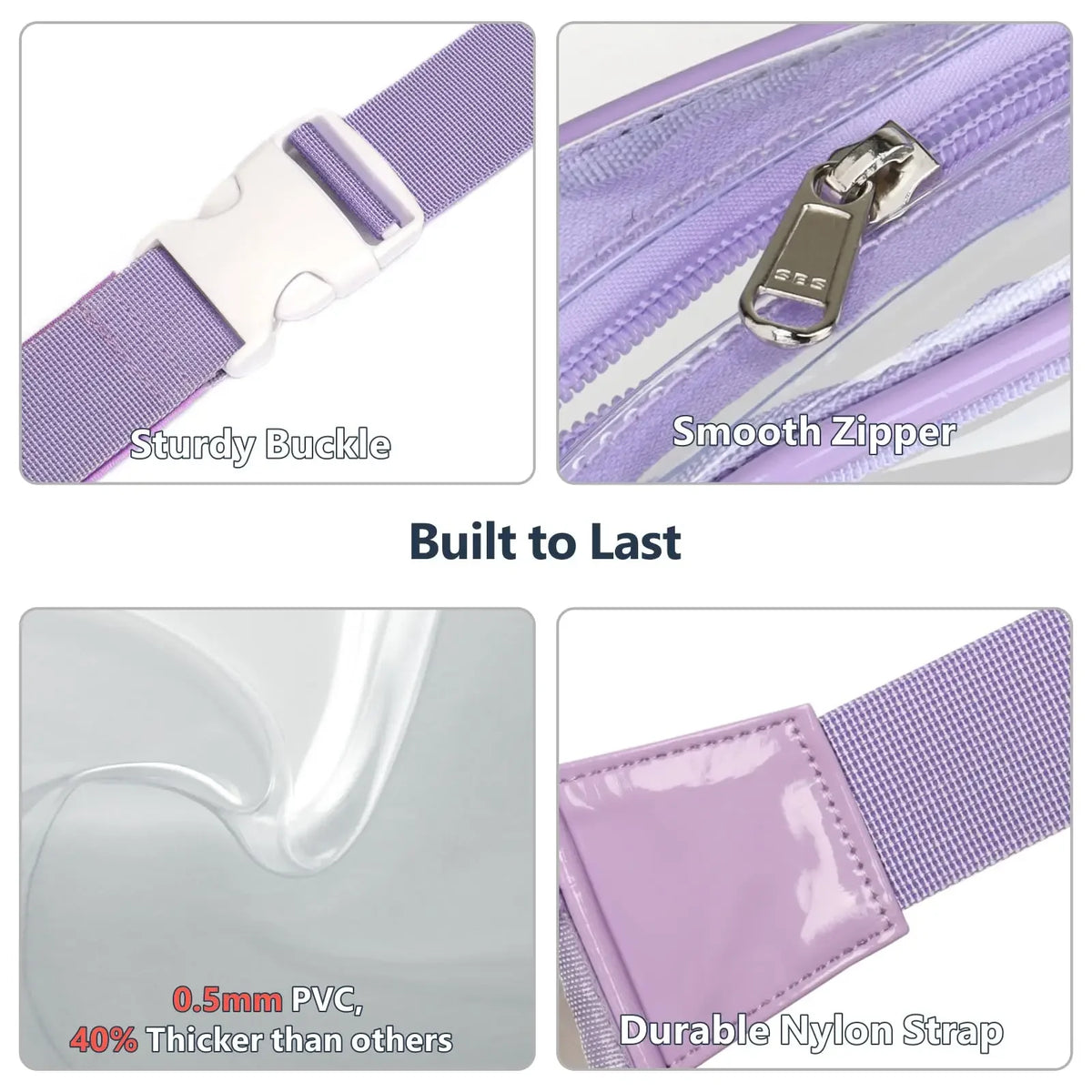 Close-up view of a purple nylon strap with a sturdy buckle and a smooth zipper on a clear stadium-approved waist pack.